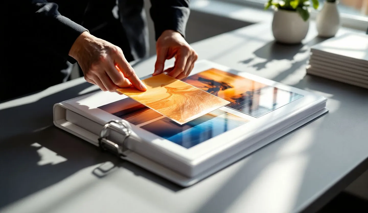 Close-up or macro detail: hands placing image tiles into a binder with clean dividers. Editorial photography, cinematic lighting in a modern professional workspace. Do not show split screens, clutter, text, UI elements, logos, graphs, or charts. Avoid cartoonish effects.