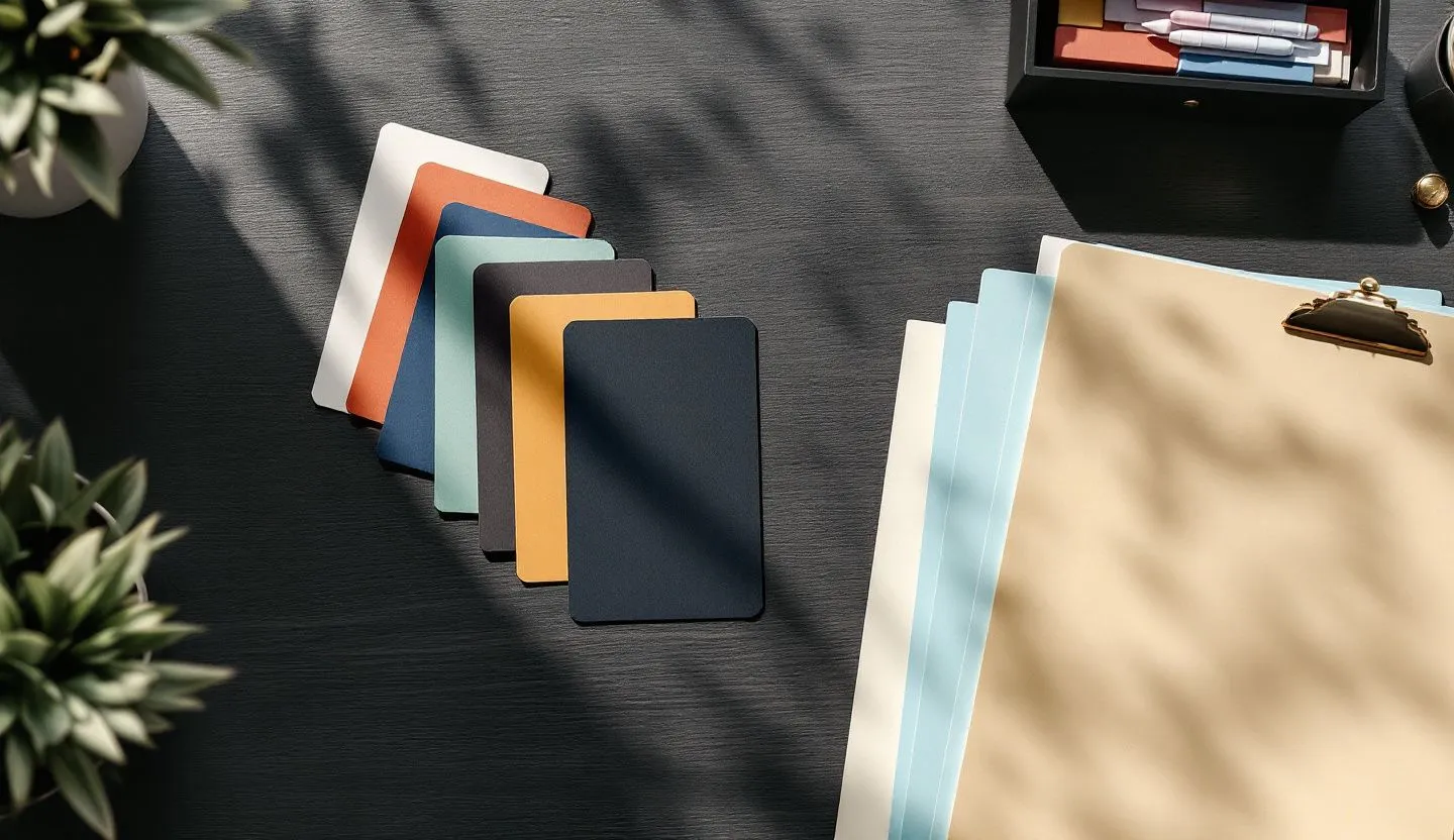 Overhead or angled tabletop composition: flat lay of asset category cards, blank folders, and color-coded tabs arranged methodically. Editorial photography, cinematic lighting in a modern professional workspace. Do not show split screens, clutter, text, UI elements, logos, graphs, or charts. Avoid cartoonish effects.
