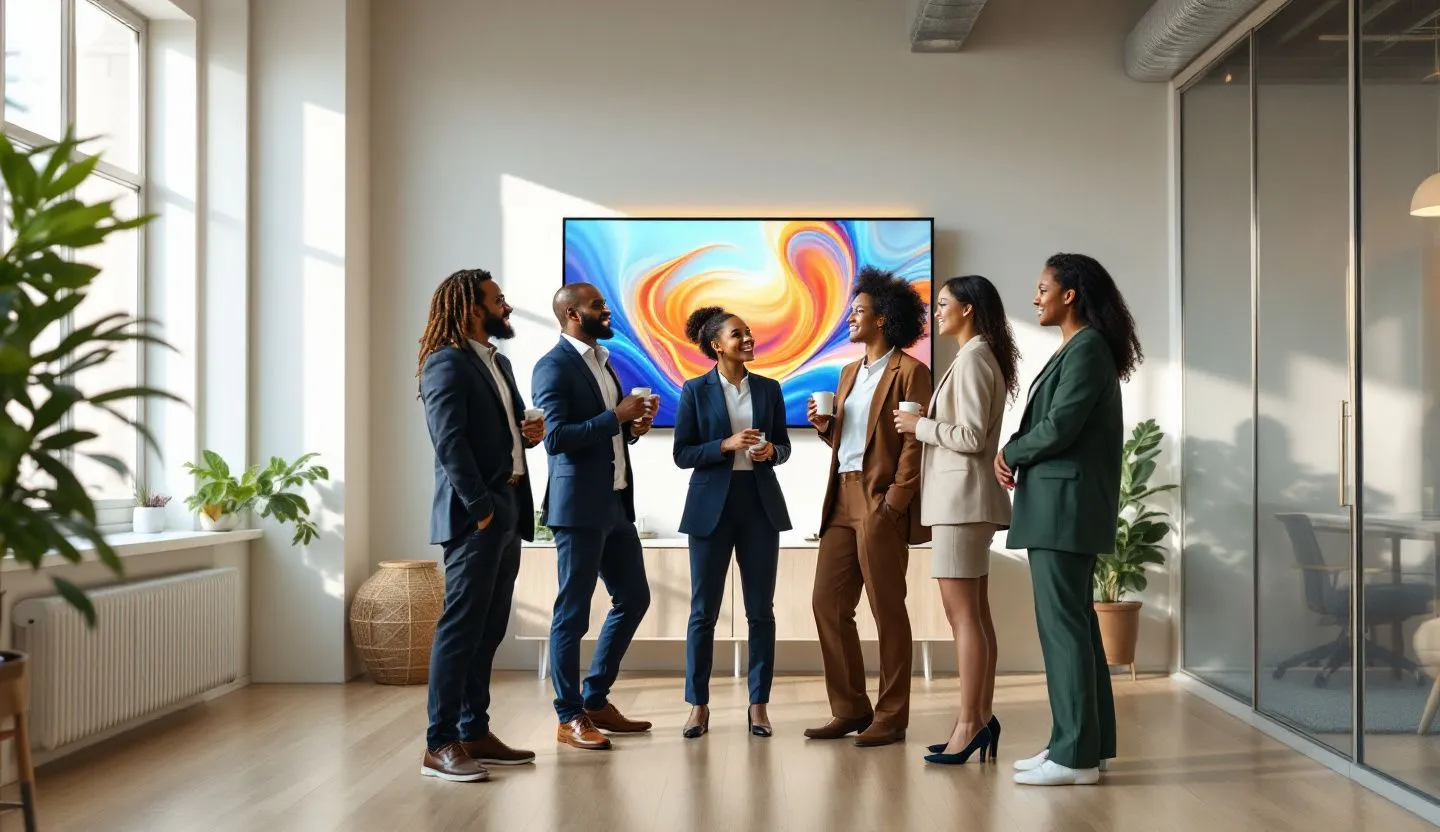 Wide or angled team perspective: team stand-up in a bright office with a single display showing abstract brand visuals. Editorial photography, cinematic lighting in a modern professional workspace. Do not show split screens, clutter, text, UI elements, logos, graphs, or charts. Avoid cartoonish effects.