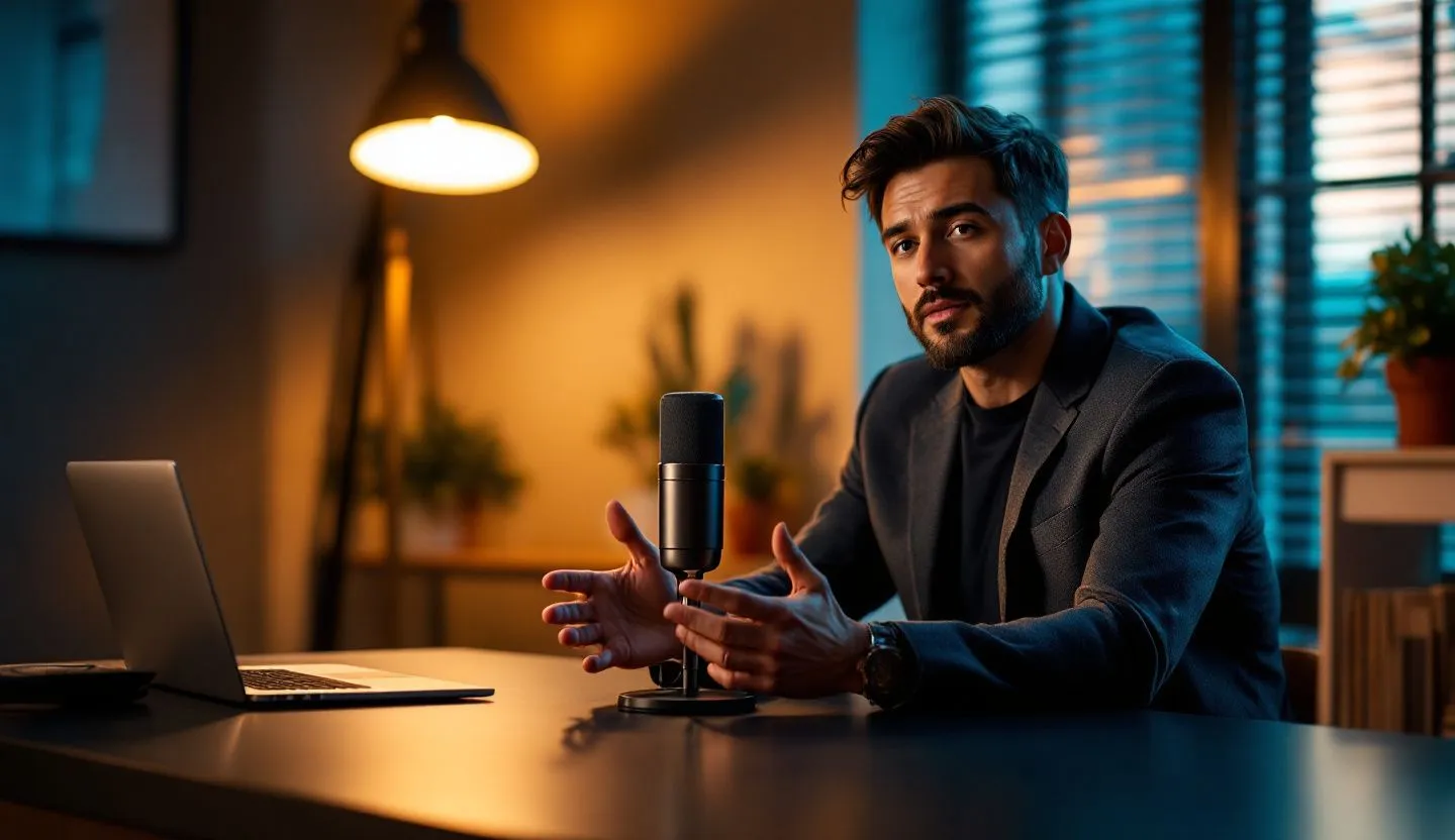 Over-the-shoulder or side-profile: over-shoulder of someone speaking into a desk mic while referencing a laptop out of frame. Editorial photography, cinematic lighting in a modern professional workspace. Do not show split screens, clutter, text, UI elements, logos, graphs, or charts. Avoid cartoonish effects.