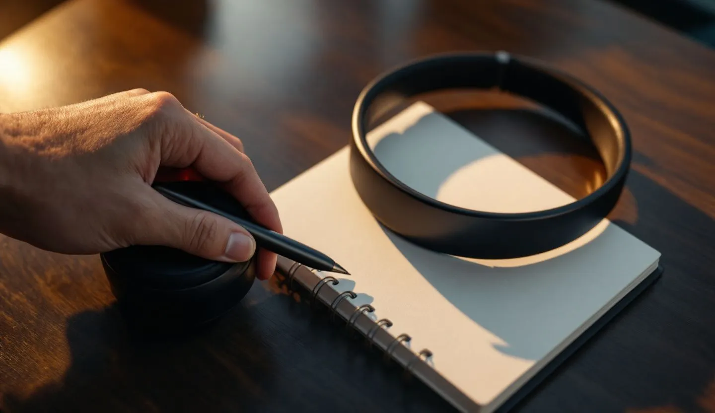 Close-up or macro detail: close-up of a hand adjusting a headset beside a notepad with empty pages. Editorial photography, cinematic lighting in a modern professional workspace. Do not show split screens, clutter, text, UI elements, logos, graphs, or charts. Avoid cartoonish effects.