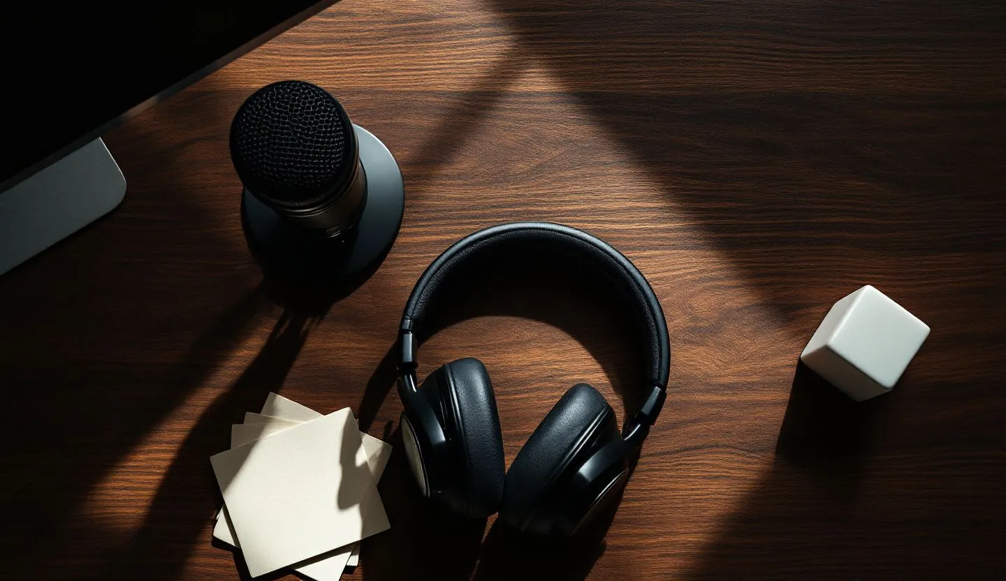 Overhead or angled tabletop composition: top-down of meeting essentials: mic, headphones, blank cards, and a tidy timer cube. Editorial photography, cinematic lighting in a modern professional workspace. Do not show split screens, clutter, text, UI elements, logos, graphs, or charts. Avoid cartoonish effects.