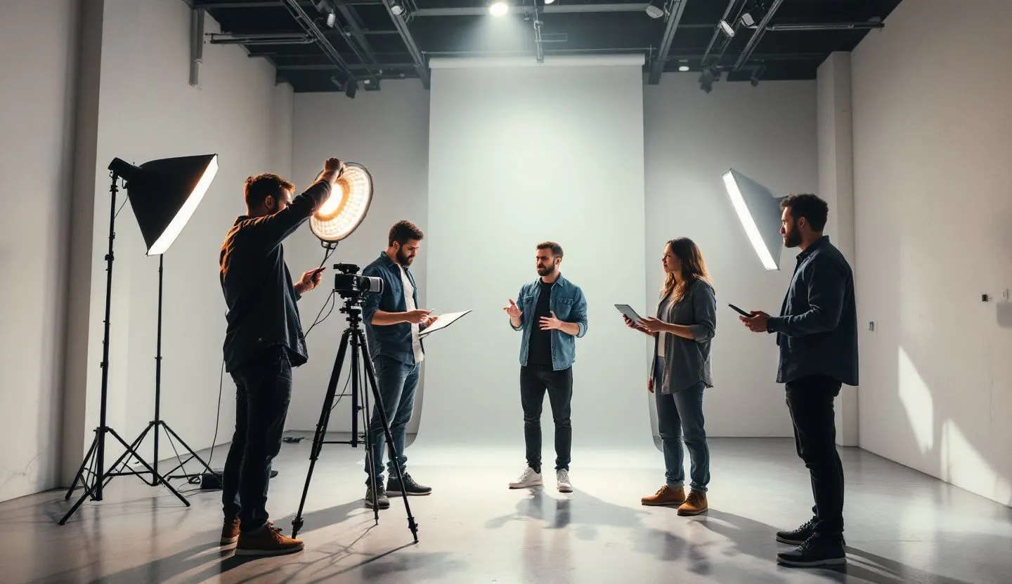 Wide or angled team perspective: small crew planning a brand video with lights and reflectors set in a minimal studio. Editorial photography, cinematic lighting in a modern professional workspace. Do not show split screens, clutter, text, UI elements, logos, graphs, or charts. Avoid cartoonish effects.