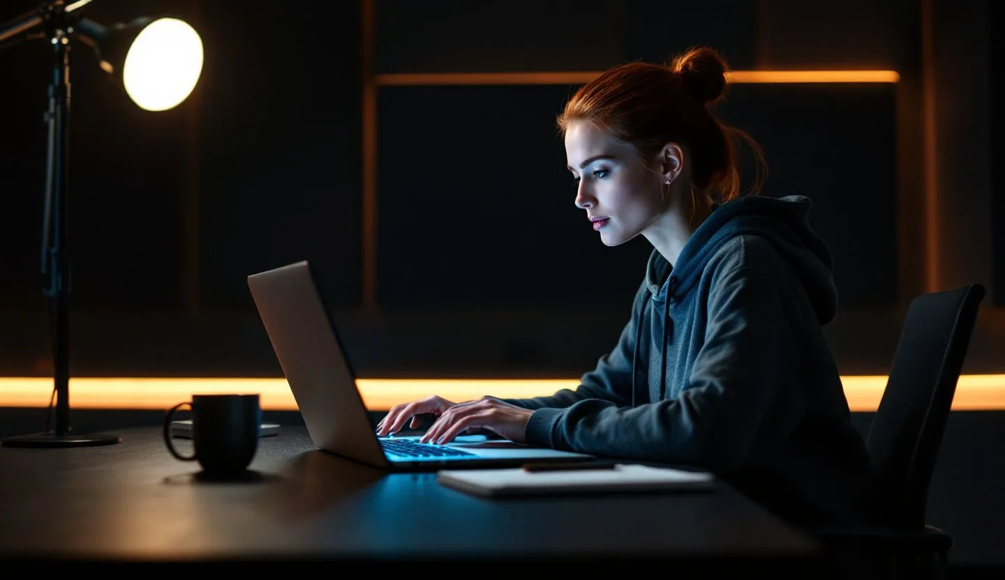 Over-the-shoulder or side-profile: editor previewing storyboard frames on a laptop angled away from the lens. Editorial photography, cinematic lighting in a modern professional workspace. Do not show split screens, clutter, text, UI elements, logos, graphs, or charts. Avoid cartoonish effects.