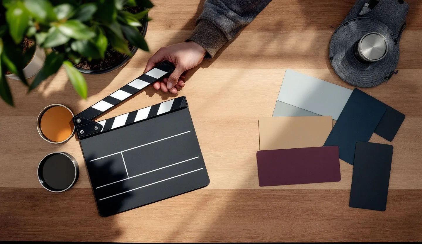 Overhead or angled tabletop composition: overhead of clapperboard without text, lens filters, and frame cards laid in sequence. Editorial photography, cinematic lighting in a modern professional workspace. Do not show split screens, clutter, text, UI elements, logos, graphs, or charts. Avoid cartoonish effects.
