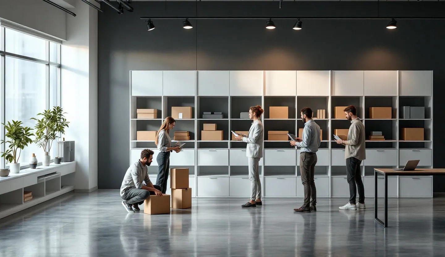 Wide or angled team perspective: operations team organizing unlabeled archival boxes and external drives on clean shelves. Editorial photography, cinematic lighting in a modern professional workspace. Do not show split screens, clutter, text, UI elements, logos, graphs, or charts. Avoid cartoonish effects.