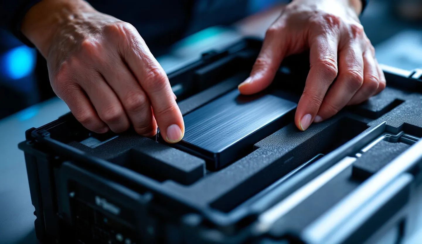 Close-up or macro detail: macro of hands placing a drive into a foam insert within a case. Editorial photography, cinematic lighting in a modern professional workspace. Do not show split screens, clutter, text, UI elements, logos, graphs, or charts. Avoid cartoonish effects.