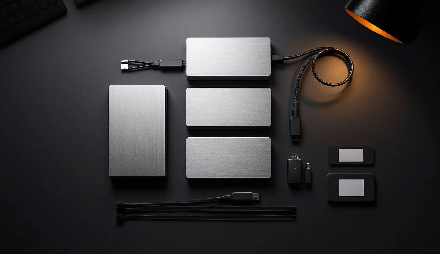 Overhead or angled tabletop composition: flat lay of drive cases, cable ties, and blank labels arranged neatly. Editorial photography, cinematic lighting in a modern professional workspace. Do not show split screens, clutter, text, UI elements, logos, graphs, or charts. Avoid cartoonish effects.