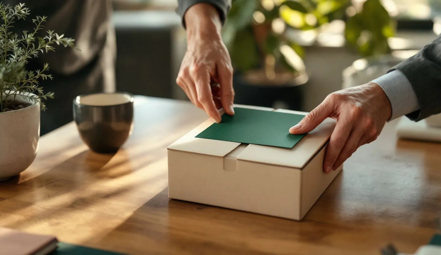 Close-up or macro detail: hands sealing a box with a plain brand-colored sticker and tissue paper. Editorial photography, cinematic lighting in a modern professional workspace. Do not show split screens, clutter, text, UI elements, logos, graphs, or charts. Avoid cartoonish effects.