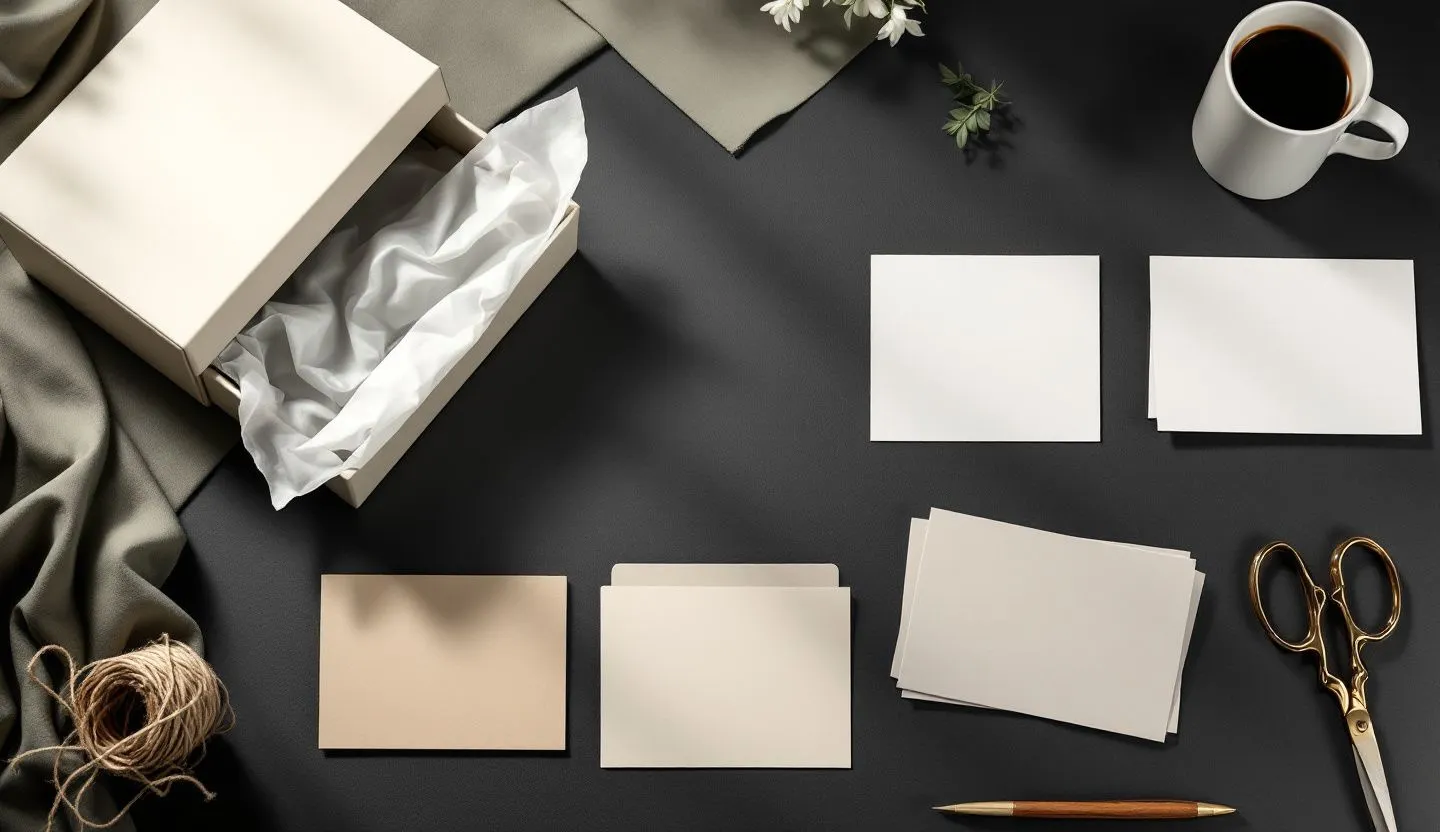 Overhead or angled tabletop composition: top-down of packaging components, product cards without text, and packing slips blank. Editorial photography, cinematic lighting in a modern professional workspace. Do not show split screens, clutter, text, UI elements, logos, graphs, or charts. Avoid cartoonish effects.