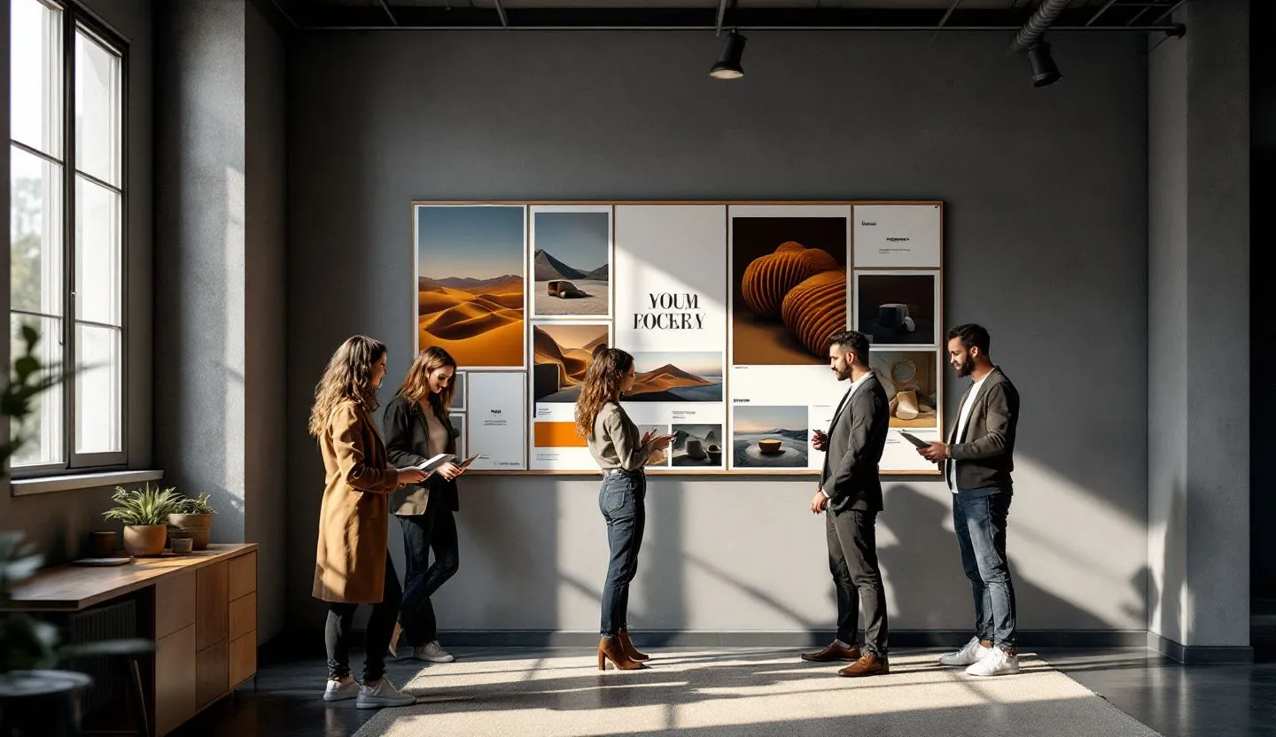 Wide or angled team perspective: brand team reviewing hero photography and layout prints pinned across a wall. Editorial photography, cinematic lighting in a modern professional workspace. Do not show split screens, clutter, text, UI elements, logos, graphs, or charts. Avoid cartoonish effects.