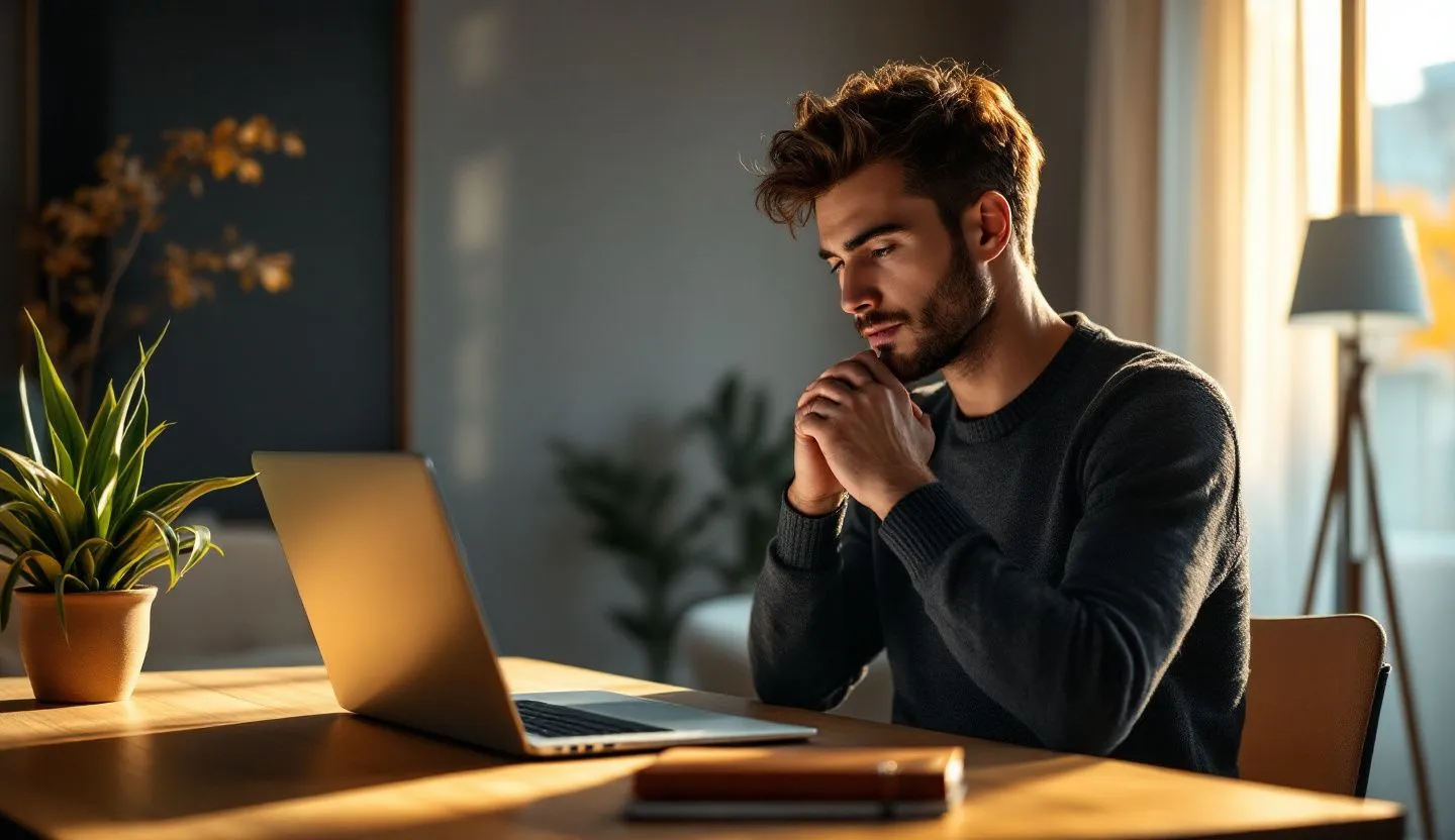 Over-the-shoulder or side-profile: designer comparing style tiles on a laptop angled away from the camera. Editorial photography, cinematic lighting in a modern professional workspace. Do not show split screens, clutter, text, UI elements, logos, graphs, or charts. Avoid cartoonish effects.