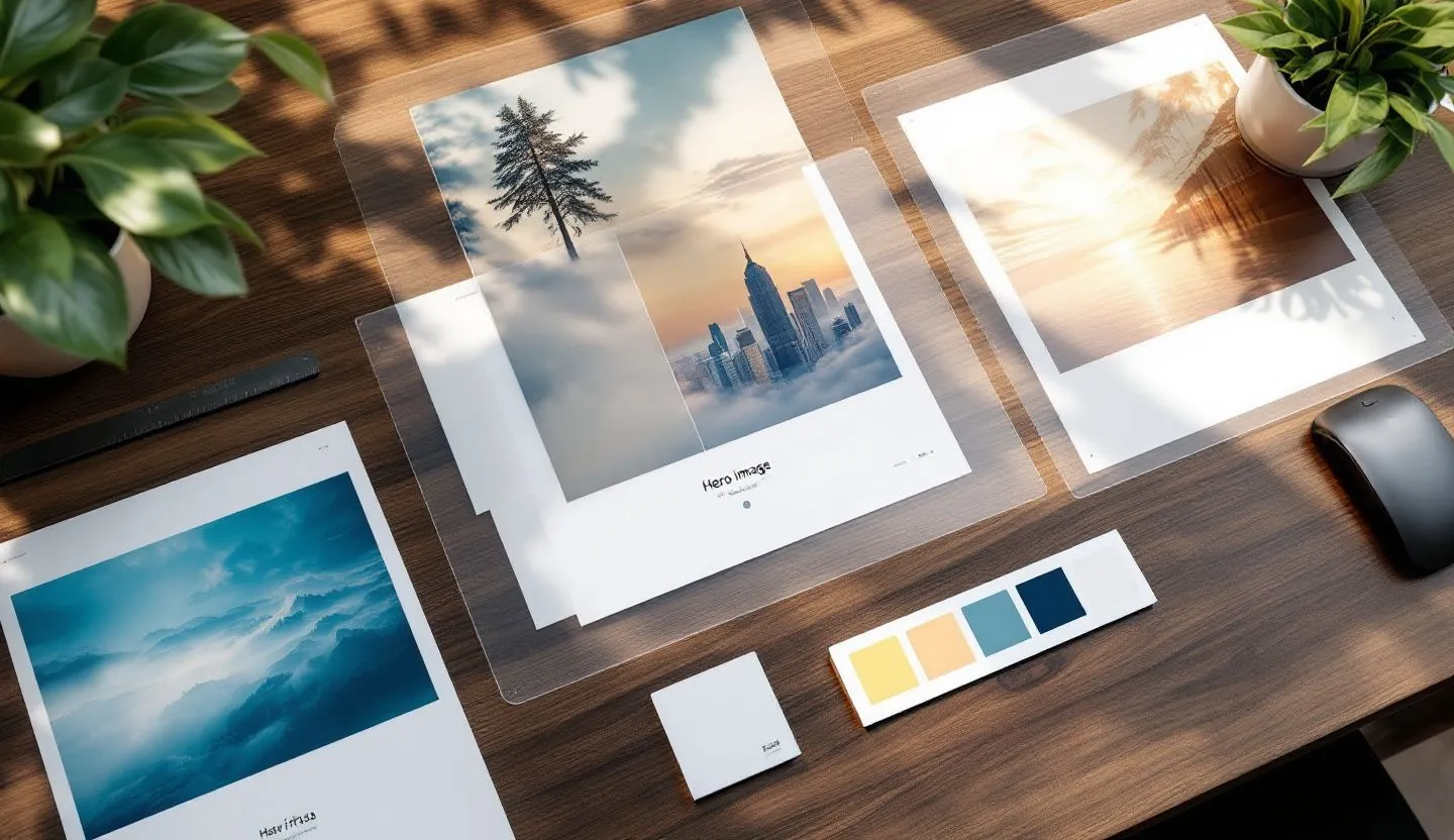 Overhead or angled tabletop composition: flat lay of hero image prints, spacing guides, and style tiles arranged with precision. Editorial photography, cinematic lighting in a modern professional workspace. Do not show split screens, clutter, text, UI elements, logos, graphs, or charts. Avoid cartoonish effects.