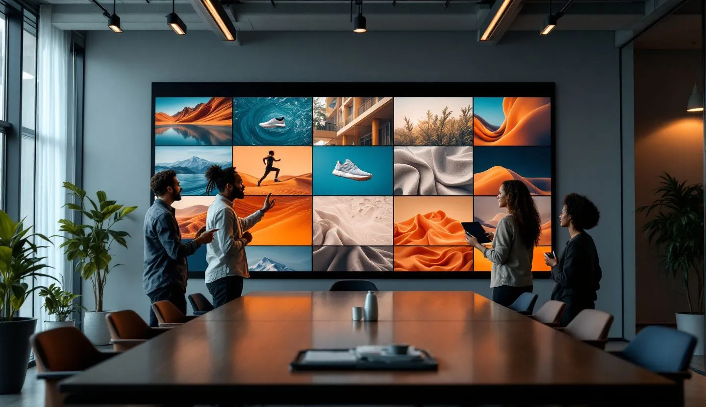 Wide or angled team perspective: marketing team coordinating a brand campaign around a large display with image-only tiles. Editorial photography, cinematic lighting in a modern professional workspace. Do not show split screens, clutter, text, UI elements, logos, graphs, or charts. Avoid cartoonish effects.