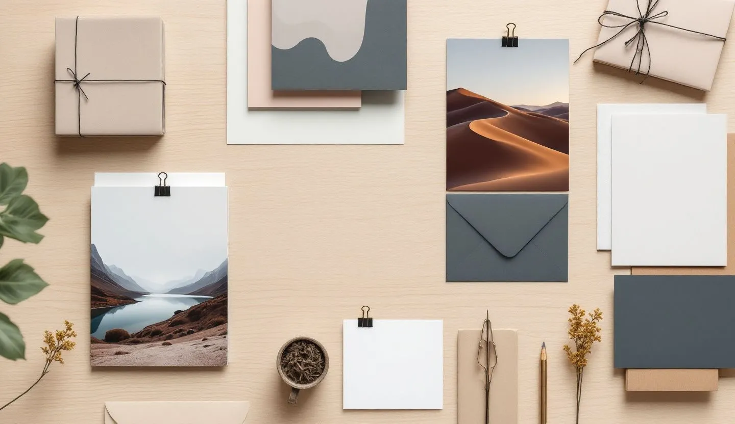 Overhead or angled tabletop composition: flat lay of envelope stacks, image postcards without text, and brand color cards. Editorial photography, cinematic lighting in a modern professional workspace. Do not show split screens, clutter, text, UI elements, logos, graphs, or charts. Avoid cartoonish effects.