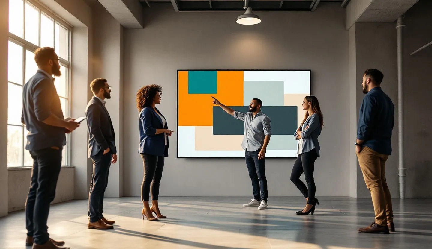 Wide or angled team perspective: team rehearsing around a large screen with image-only slides implied by color blocks. Editorial photography, cinematic lighting in a modern professional workspace. Do not show split screens, clutter, text, UI elements, logos, graphs, or charts. Avoid cartoonish effects.