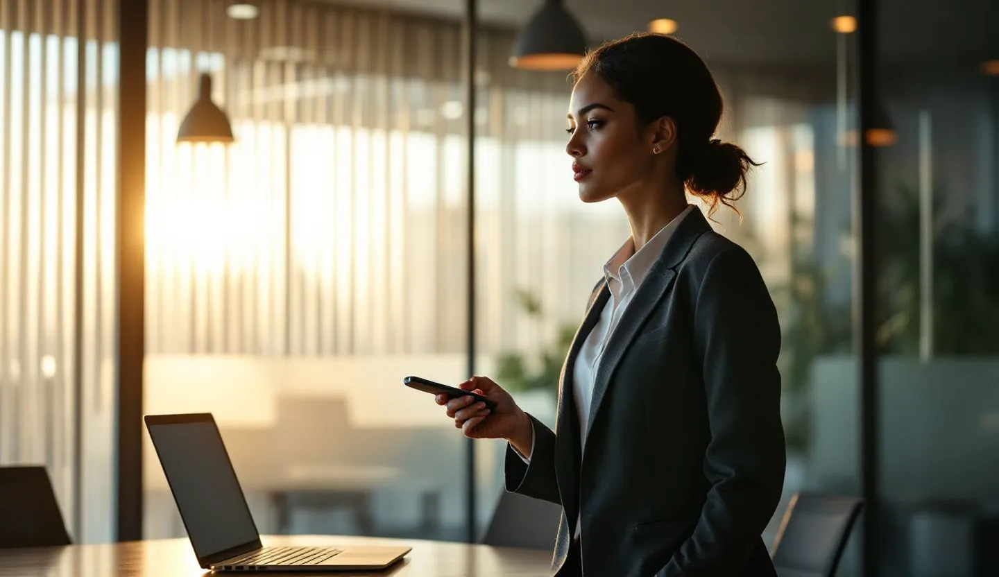 Over-the-shoulder or side-profile: presenter holding a remote beside a laptop kept just out of frame. Editorial photography, cinematic lighting in a modern professional workspace. Do not show split screens, clutter, text, UI elements, logos, graphs, or charts. Avoid cartoonish effects.