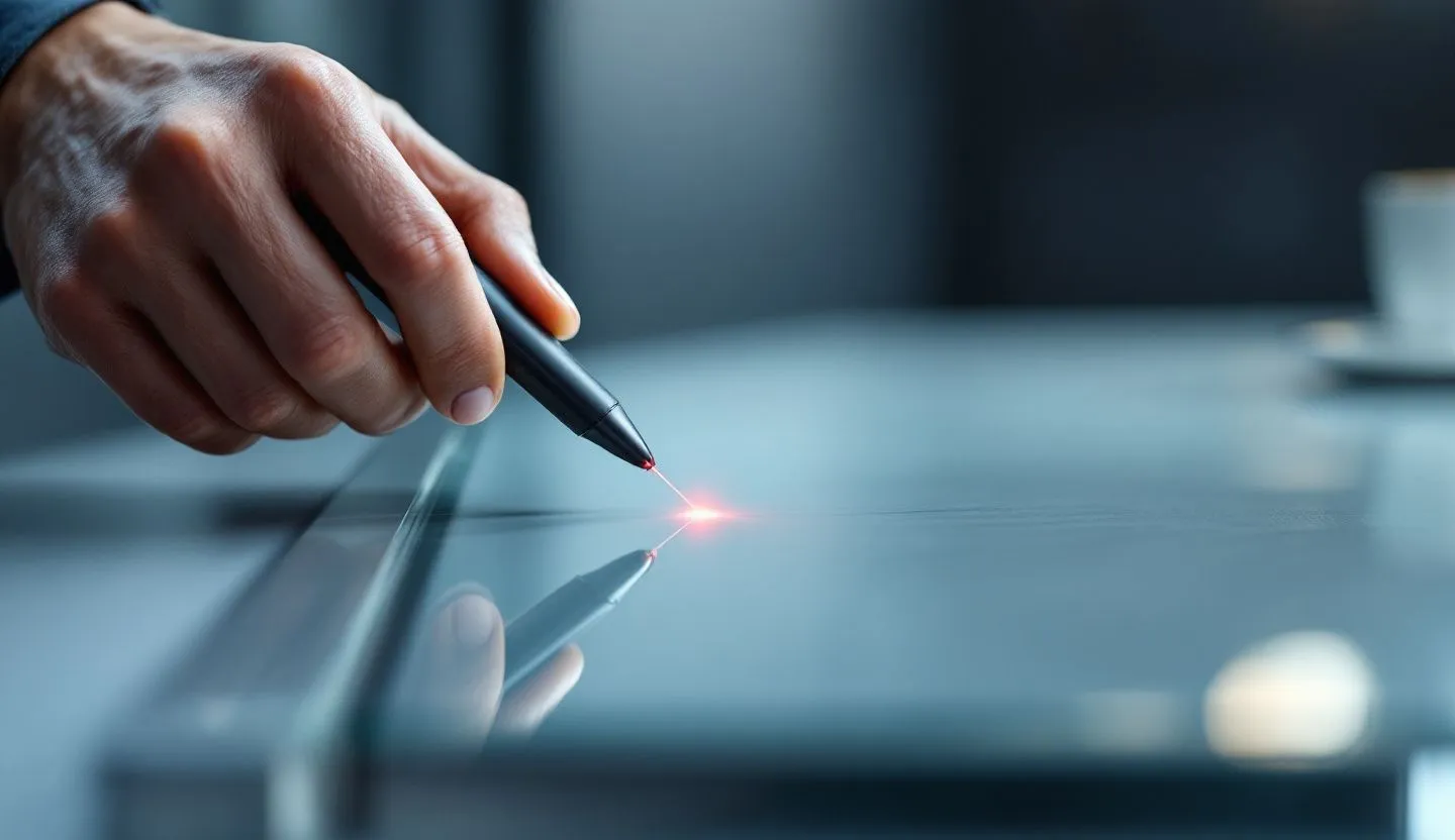 Close-up or macro detail: hands gripping a thin laser pointer over a blank slide board. Editorial photography, cinematic lighting in a modern professional workspace. Do not show split screens, clutter, text, UI elements, logos, graphs, or charts. Avoid cartoonish effects.