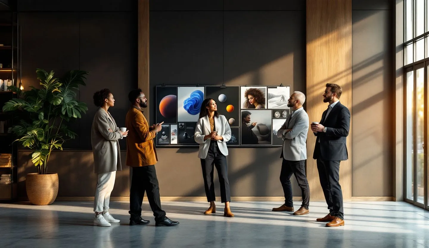 Wide or angled team perspective: team evaluating portfolio boards with image-only samples pinned along a rail. Editorial photography, cinematic lighting in a modern professional workspace. Do not show split screens, clutter, text, UI elements, logos, graphs, or charts. Avoid cartoonish effects.