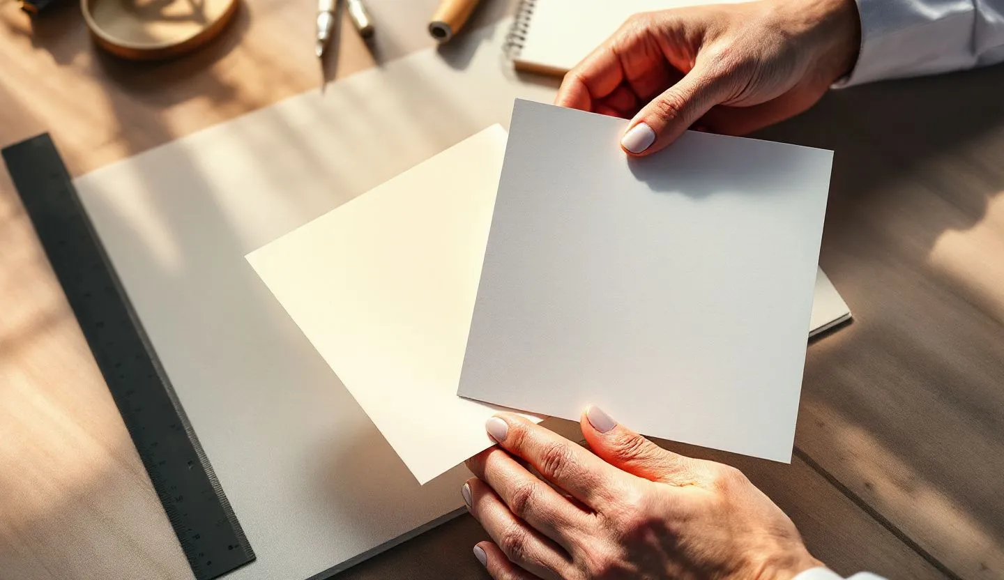 Close-up or macro detail: close-up of hands comparing print samples with different finishes. Editorial photography, cinematic lighting in a modern professional workspace. Do not show split screens, clutter, text, UI elements, logos, graphs, or charts. Avoid cartoonish effects.