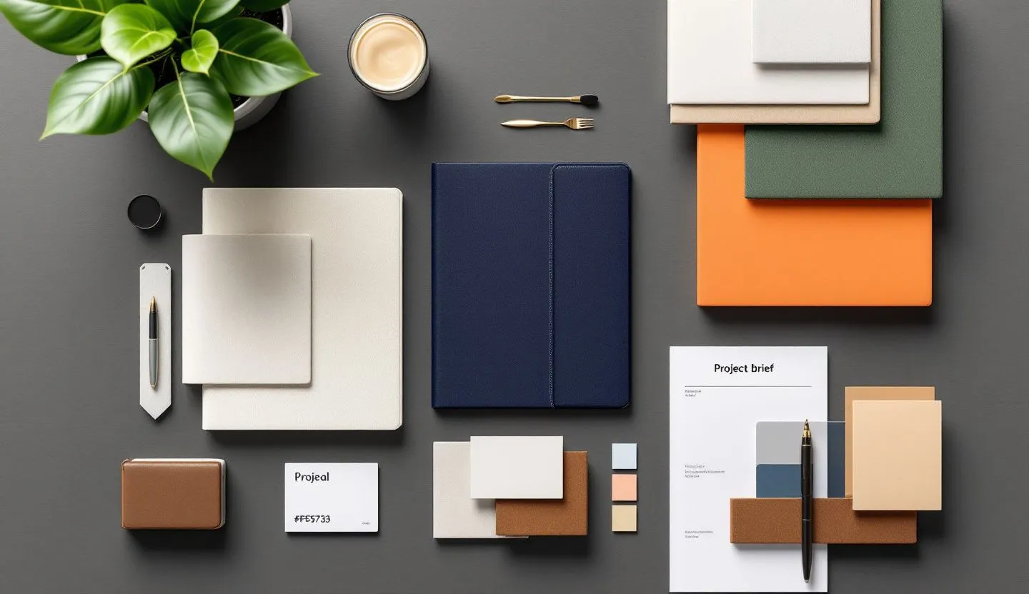 Overhead or angled tabletop composition: flat lay of portfolio sleeves, sample cards, and project brief covers without text. Editorial photography, cinematic lighting in a modern professional workspace. Do not show split screens, clutter, text, UI elements, logos, graphs, or charts. Avoid cartoonish effects.