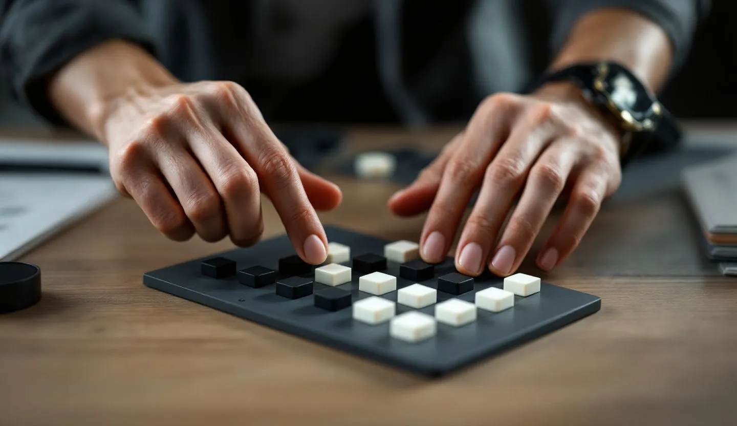 Close-up or macro detail: macro of hands arranging black-and-white shape tokens on a grid board. Editorial photography, cinematic lighting in a modern professional workspace. Do not show split screens, clutter, text, UI elements, logos, graphs, or charts. Avoid cartoonish effects.