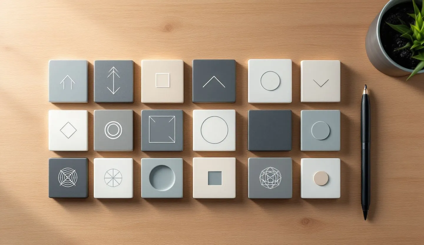 Overhead or angled tabletop composition: top-down of geometric symbol tiles and circle/square cutouts balanced in a minimal grid. Editorial photography, cinematic lighting in a modern professional workspace. Do not show split screens, clutter, text, UI elements, logos, graphs, or charts. Avoid cartoonish effects.