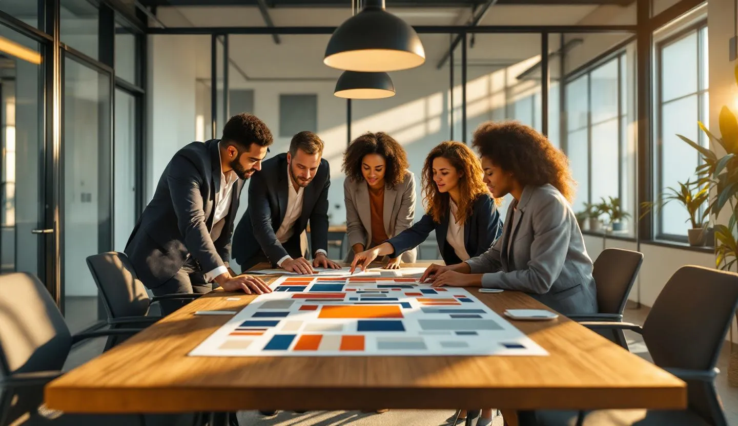 Wide or angled team perspective: team reviewing unified style tiles and color swatch boards in a glass-walled office. Editorial photography, cinematic lighting in a modern professional workspace. Do not show split screens, clutter, text, UI elements, logos, graphs, or charts. Avoid cartoonish effects.