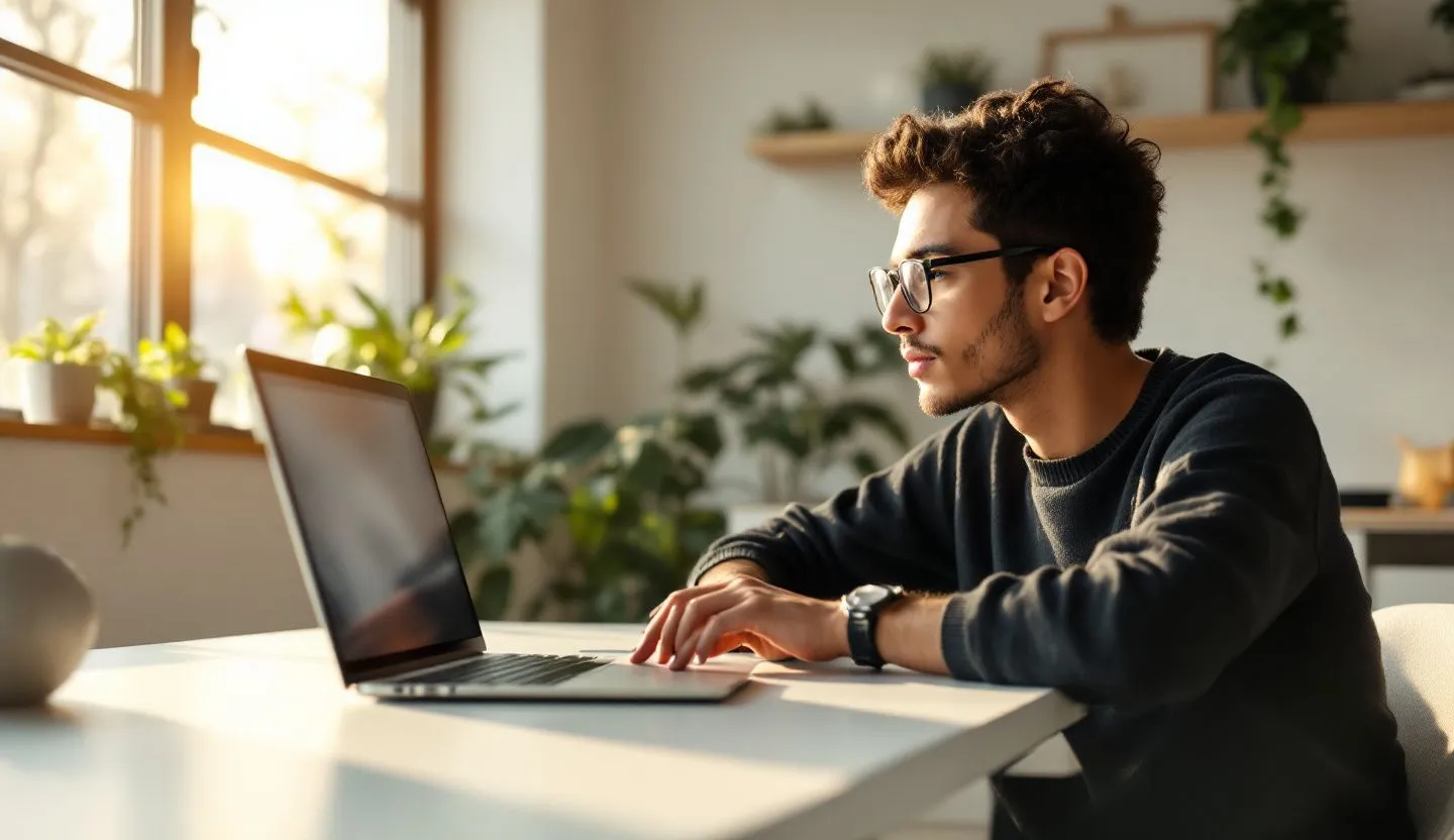 Over-the-shoulder or side-profile: designer gesturing to clean, abstract layout blocks on a laptop kept mostly out of frame. Editorial photography, cinematic lighting in a modern professional workspace. Do not show split screens, clutter, text, UI elements, logos, graphs, or charts. Avoid cartoonish effects.