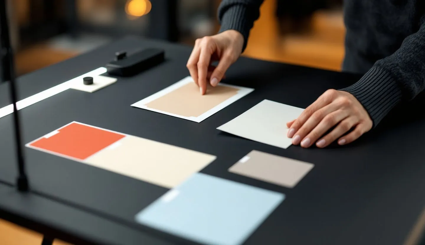 Close-up or macro detail: hands aligning printed layout cards and color chips with precise edges. Editorial photography, cinematic lighting in a modern professional workspace. Do not show split screens, clutter, text, UI elements, logos, graphs, or charts. Avoid cartoonish effects.