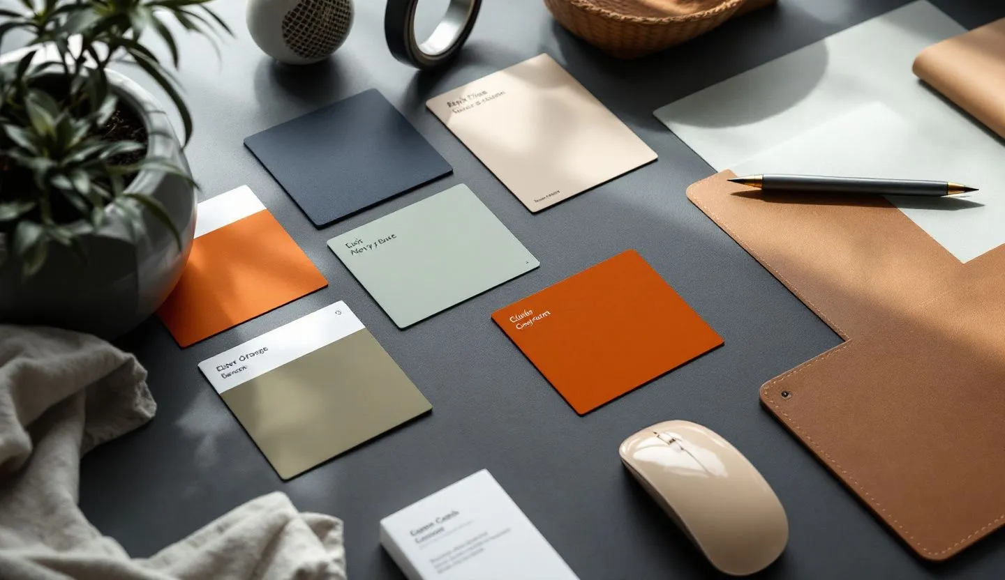 Overhead or angled tabletop composition: flat lay of style tiles, color cards, and paper mockups arranged in a tidy grid. Editorial photography, cinematic lighting in a modern professional workspace. Do not show split screens, clutter, text, UI elements, logos, graphs, or charts. Avoid cartoonish effects.