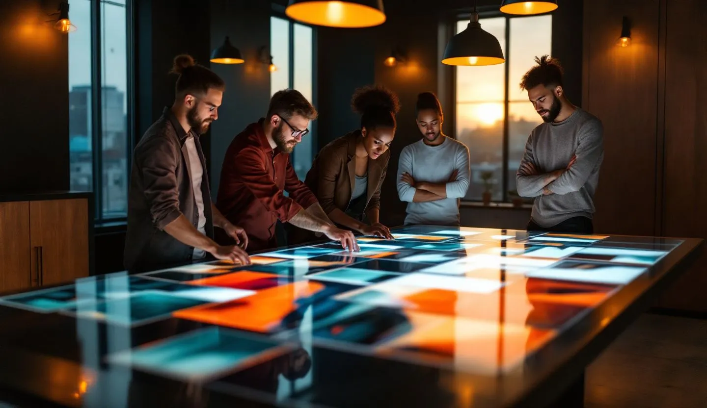 Wide or angled team perspective: team curating image mood boards with abstract photo tiles around a light table. Editorial photography, cinematic lighting in a modern professional workspace. Do not show split screens, clutter, text, UI elements, logos, graphs, or charts. Avoid cartoonish effects.