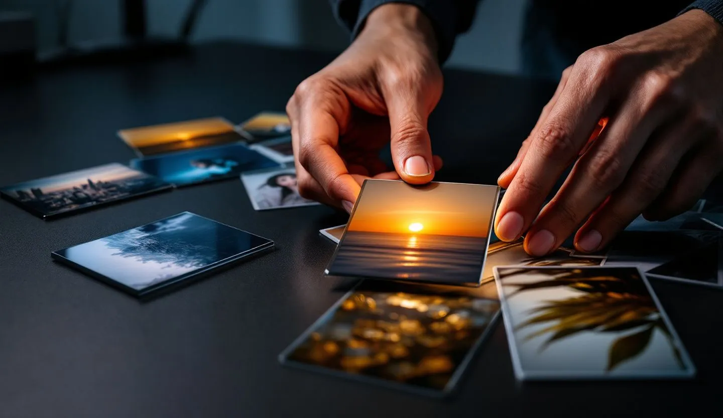 Close-up or macro detail: close-up of fingers sorting printed contact-sheet tiles with diverse imagery. Editorial photography, cinematic lighting in a modern professional workspace. Do not show split screens, clutter, text, UI elements, logos, graphs, or charts. Avoid cartoonish effects.