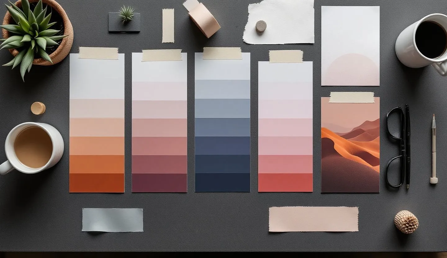 Overhead or angled tabletop composition: flat lay of gradient swatches, image tiles, and masking tape tabs in clean symmetry. Editorial photography, cinematic lighting in a modern professional workspace. Do not show split screens, clutter, text, UI elements, logos, graphs, or charts. Avoid cartoonish effects.