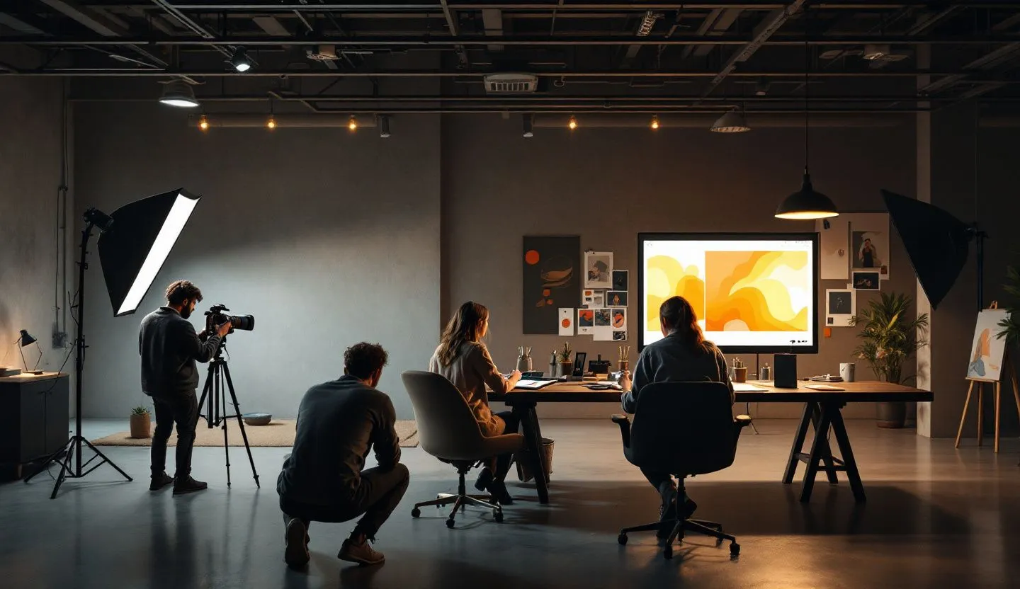 Wide or angled team perspective: creative team coordinating across photography, illustration, and layout stations in one studio. Editorial photography, cinematic lighting in a modern professional workspace. Do not show split screens, clutter, text, UI elements, logos, graphs, or charts. Avoid cartoonish effects.