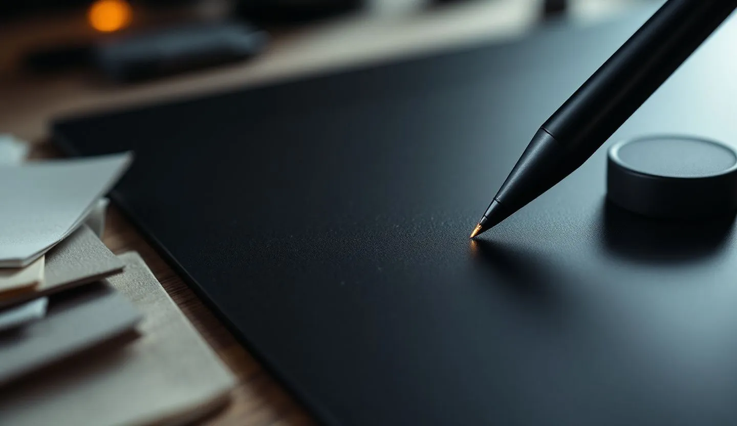 Close-up or macro detail: close-up of a stylus gliding over a drawing tablet next to paper swatches and a lens cap. Editorial photography, cinematic lighting in a modern professional workspace. Do not show split screens, clutter, text, UI elements, logos, graphs, or charts. Avoid cartoonish effects.