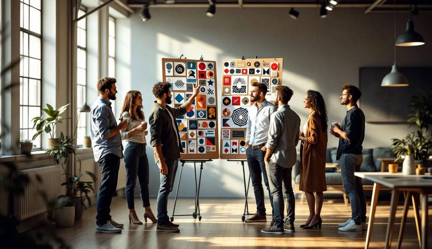 Wide or angled team perspective: marketing team selecting from abstract geometric mark studies pinned on boards. Editorial photography, cinematic lighting in a modern professional workspace. Do not show split screens, clutter, text, UI elements, logos, graphs, or charts. Avoid cartoonish effects.