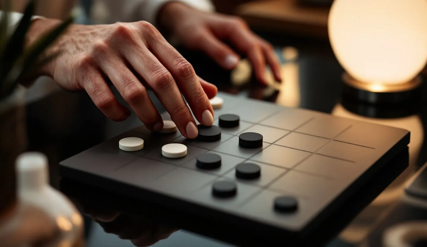 Close-up or macro detail: macro of hands arranging black-and-white shape tokens on a grid board. Editorial photography, cinematic lighting in a modern professional workspace. Do not show split screens, clutter, text, UI elements, logos, graphs, or charts. Avoid cartoonish effects.