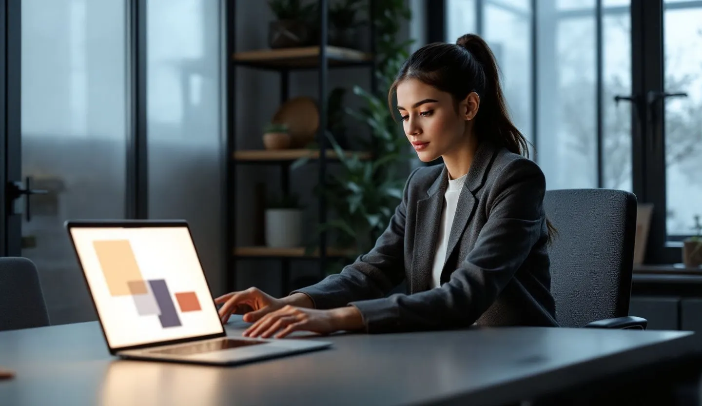 Over-the-shoulder or side-profile: designer gesturing to clean, abstract layout blocks on a laptop kept mostly out of frame. Editorial photography, cinematic lighting in a modern professional workspace. Do not show split screens, clutter, text, UI elements, logos, graphs, or charts. Avoid cartoonish effects.