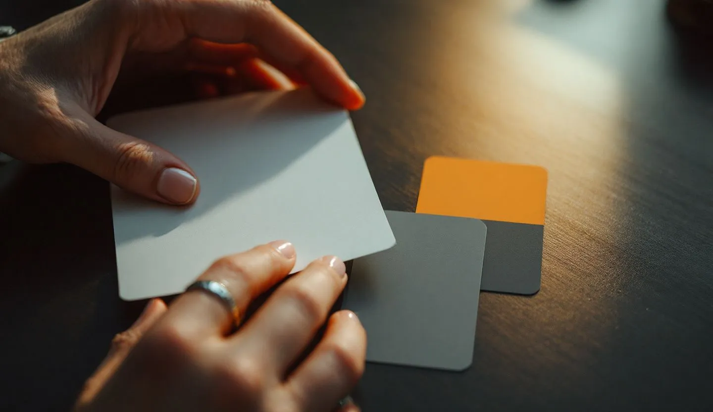 Close-up or macro detail: hands aligning printed layout cards and color chips with precise edges. Editorial photography, cinematic lighting in a modern professional workspace. Do not show split screens, clutter, text, UI elements, logos, graphs, or charts. Avoid cartoonish effects.