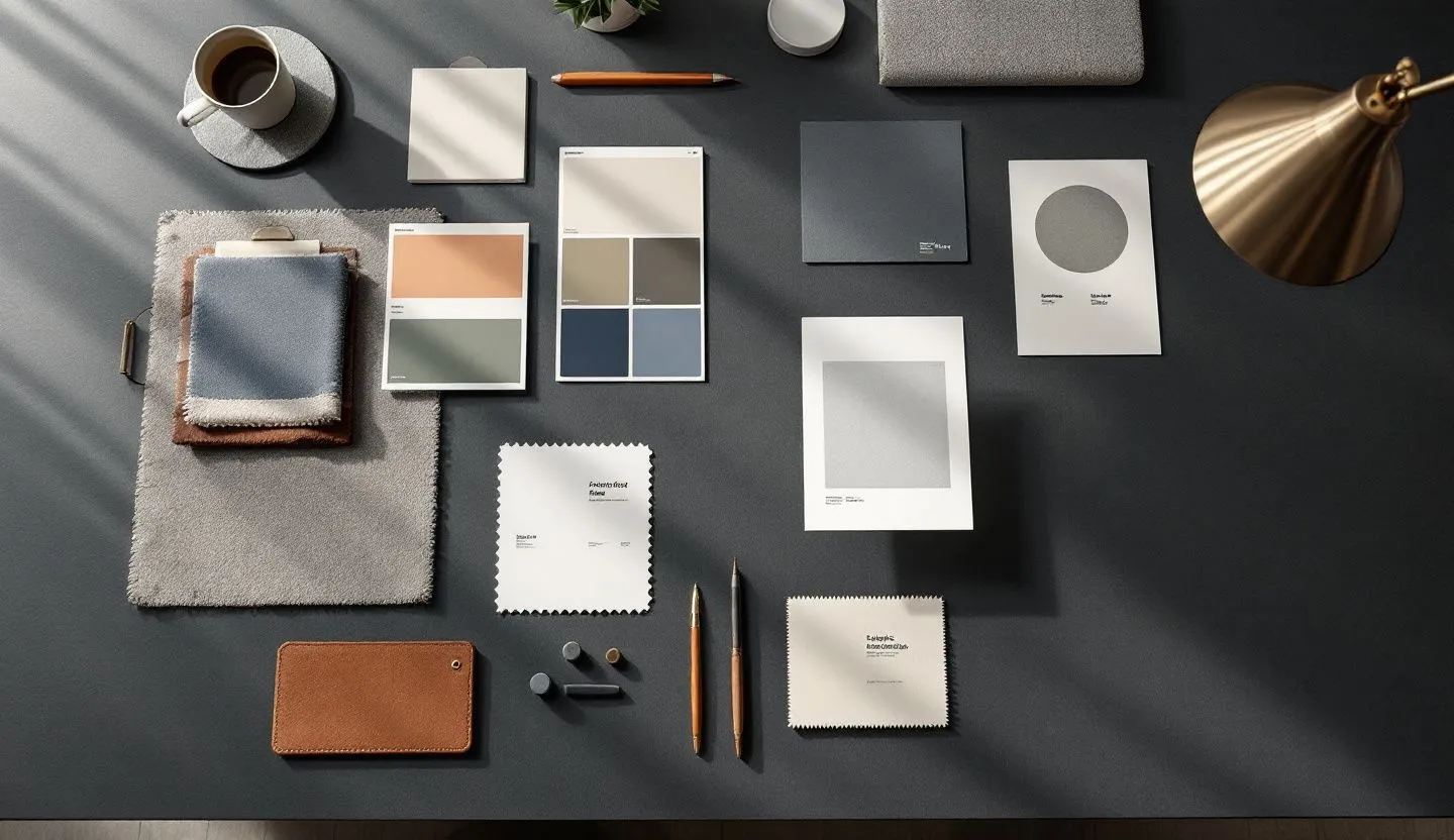 Overhead or angled tabletop composition: flat lay of style tiles, color cards, and paper mockups arranged in a tidy grid. Editorial photography, cinematic lighting in a modern professional workspace. Do not show split screens, clutter, text, UI elements, logos, graphs, or charts. Avoid cartoonish effects.