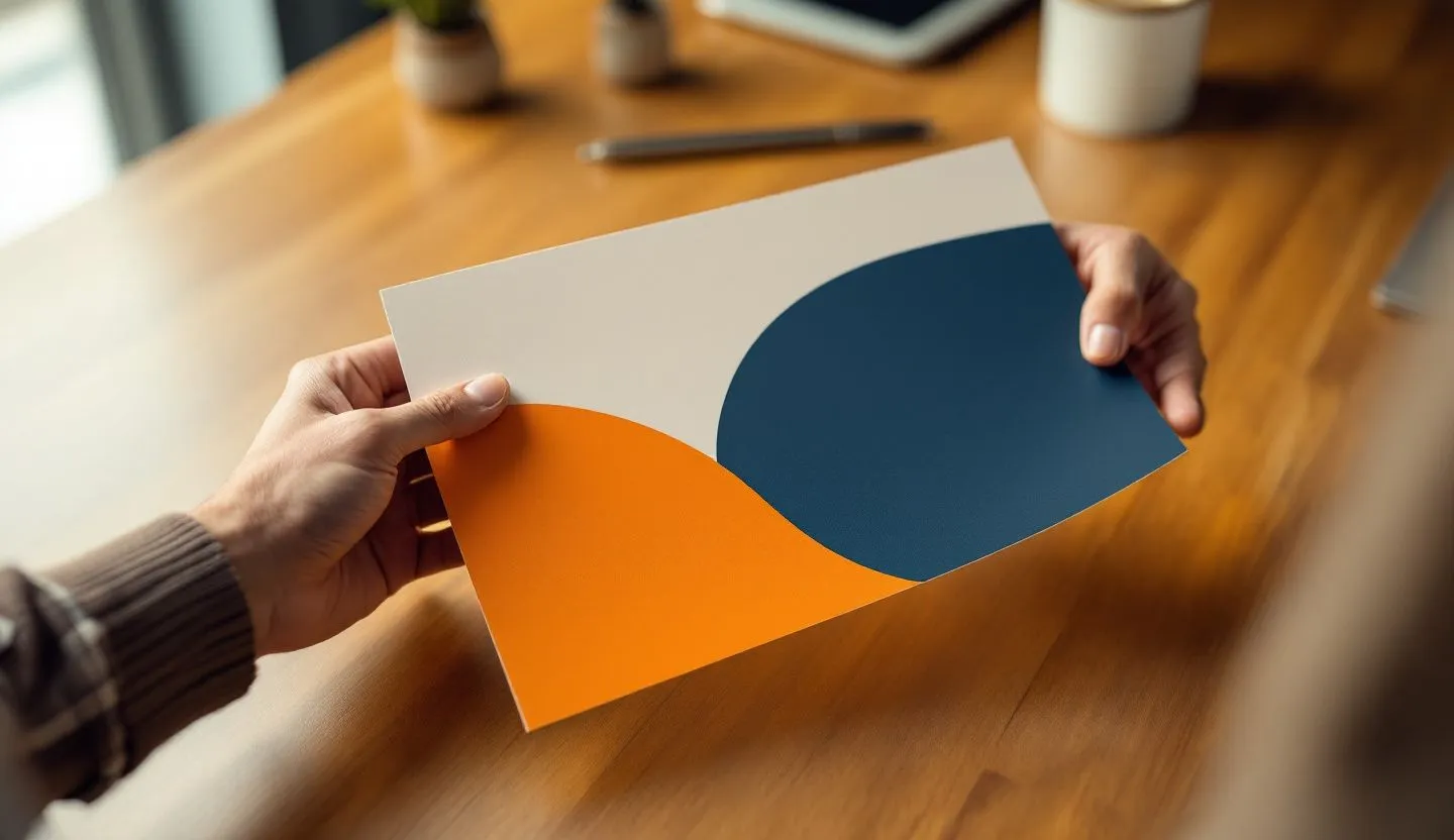 Close-up or macro detail: macro of hands holding a printed campaign visual with clean color blocking. Editorial photography, cinematic lighting in a modern professional workspace. Do not show split screens, clutter, text, UI elements, logos, graphs, or charts. Avoid cartoonish effects.