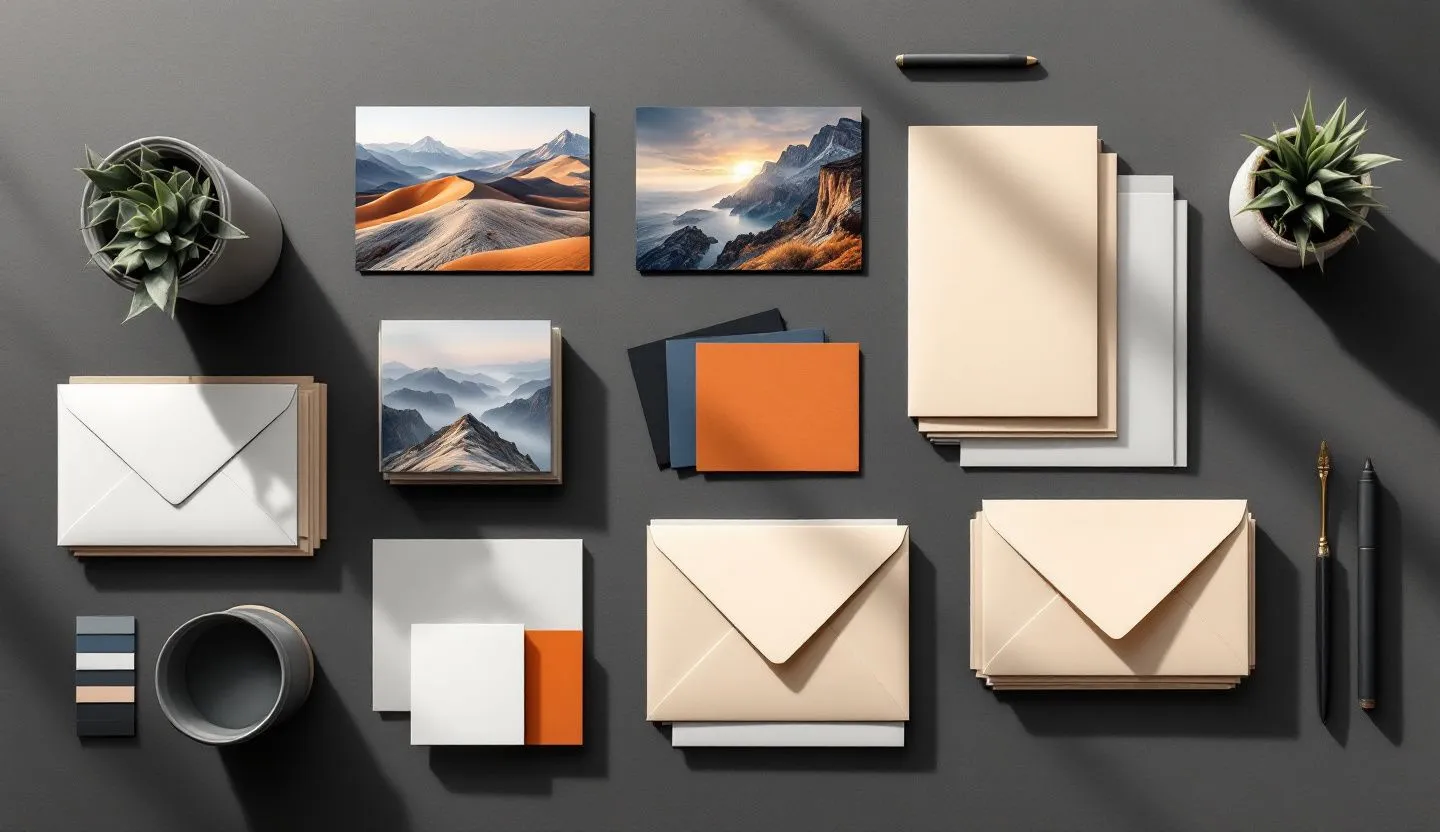 Overhead or angled tabletop composition: flat lay of envelope stacks, image postcards without text, and brand color cards. Editorial photography, cinematic lighting in a modern professional workspace. Do not show split screens, clutter, text, UI elements, logos, graphs, or charts. Avoid cartoonish effects.