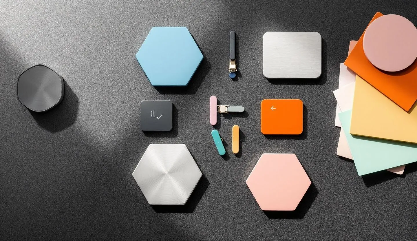 Overhead or angled tabletop composition: flat lay of channel icons as abstract shapes, color tags, and magnetic planning tiles. Editorial photography, cinematic lighting in a modern professional workspace. Do not show split screens, clutter, text, UI elements, logos, graphs, or charts. Avoid cartoonish effects.