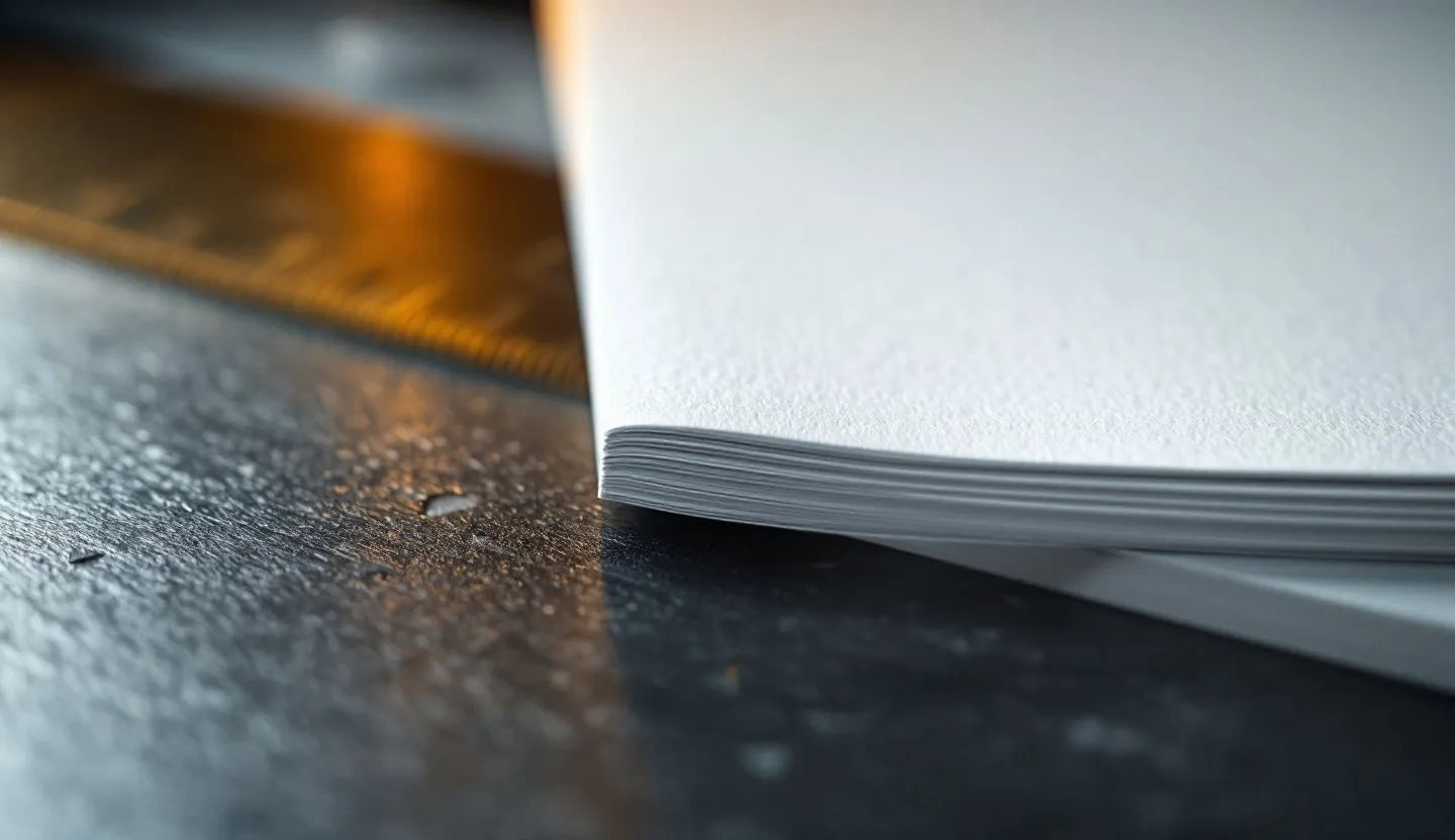 Close-up or macro detail: macro of crop marks and paper edges aligned with a metal ruler. Editorial photography, cinematic lighting in a modern professional workspace. Do not show split screens, clutter, text, UI elements, logos, graphs, or charts. Avoid cartoonish effects.