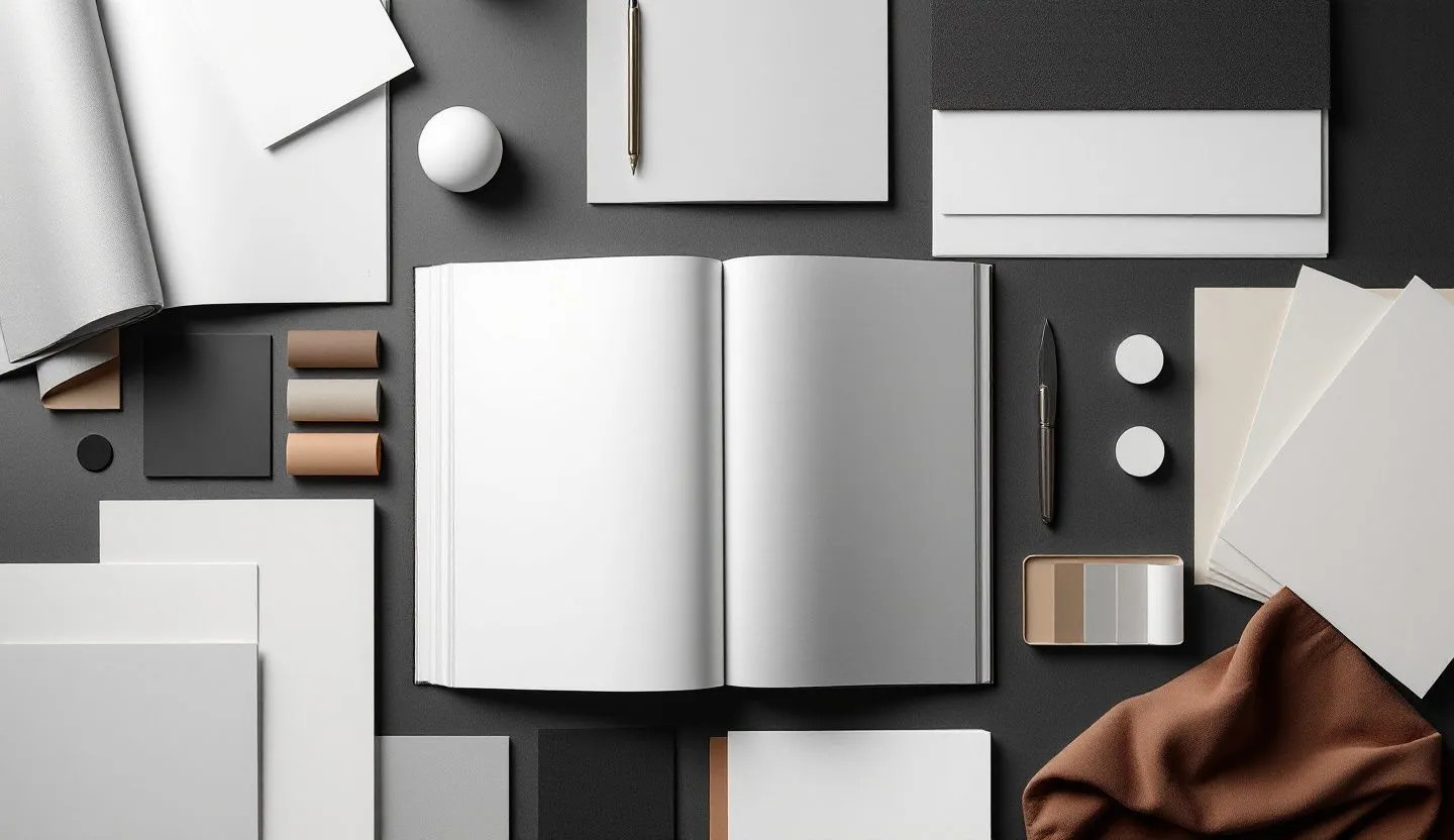 Overhead or angled tabletop composition: top-down of spread dummies, registration targets without numerals, and paper swatches. Editorial photography, cinematic lighting in a modern professional workspace. Do not show split screens, clutter, text, UI elements, logos, graphs, or charts. Avoid cartoonish effects.