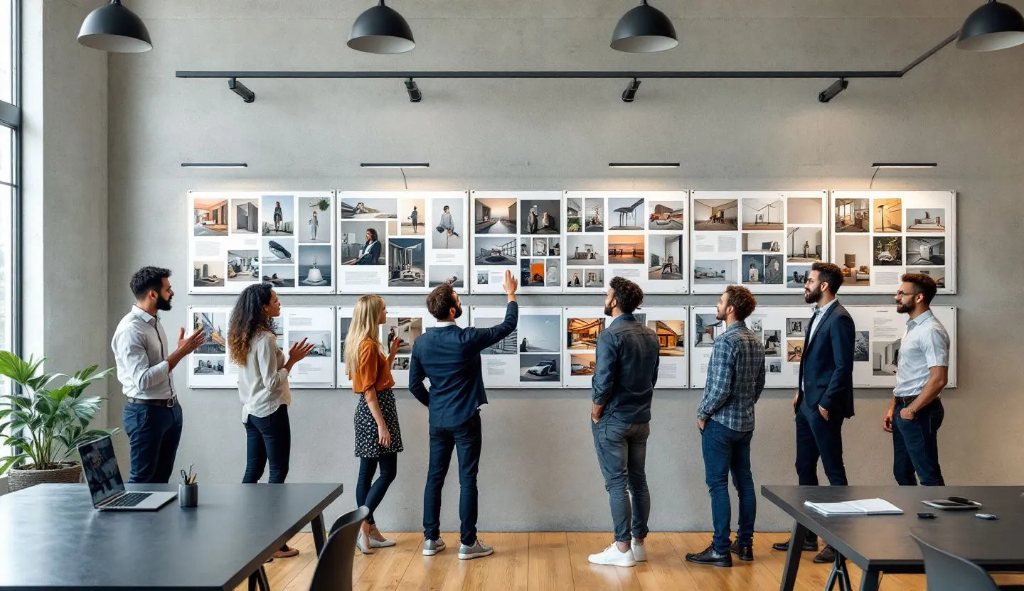 Wide or angled team perspective: team evaluating portfolio boards with image-only samples pinned along a rail. Editorial photography, cinematic lighting in a modern professional workspace. Do not show split screens, clutter, text, UI elements, logos, graphs, or charts. Avoid cartoonish effects.