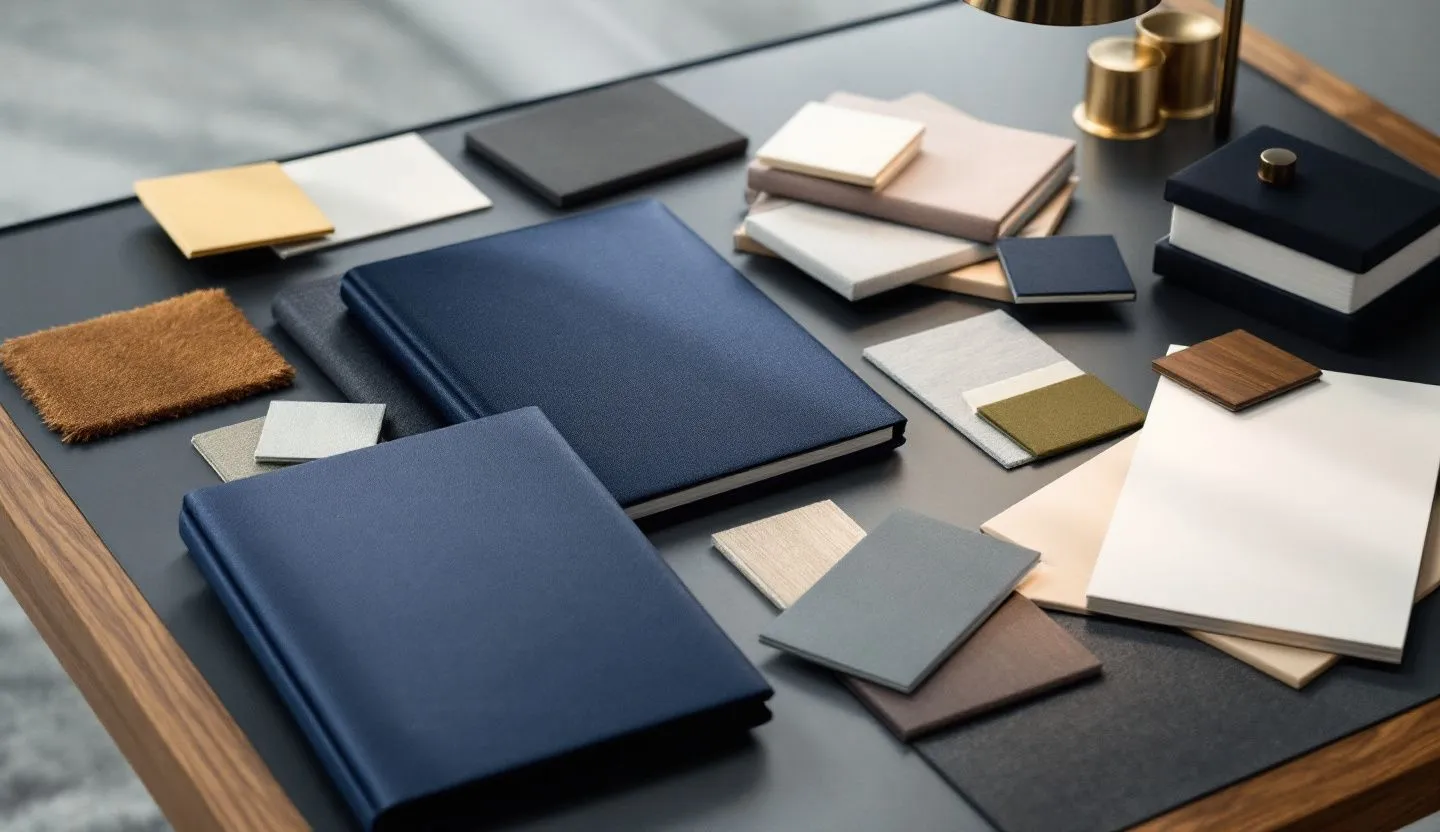 Overhead or angled tabletop composition: flat lay of portfolio sleeves, sample cards, and project brief covers without text. Editorial photography, cinematic lighting in a modern professional workspace. Do not show split screens, clutter, text, UI elements, logos, graphs, or charts. Avoid cartoonish effects.