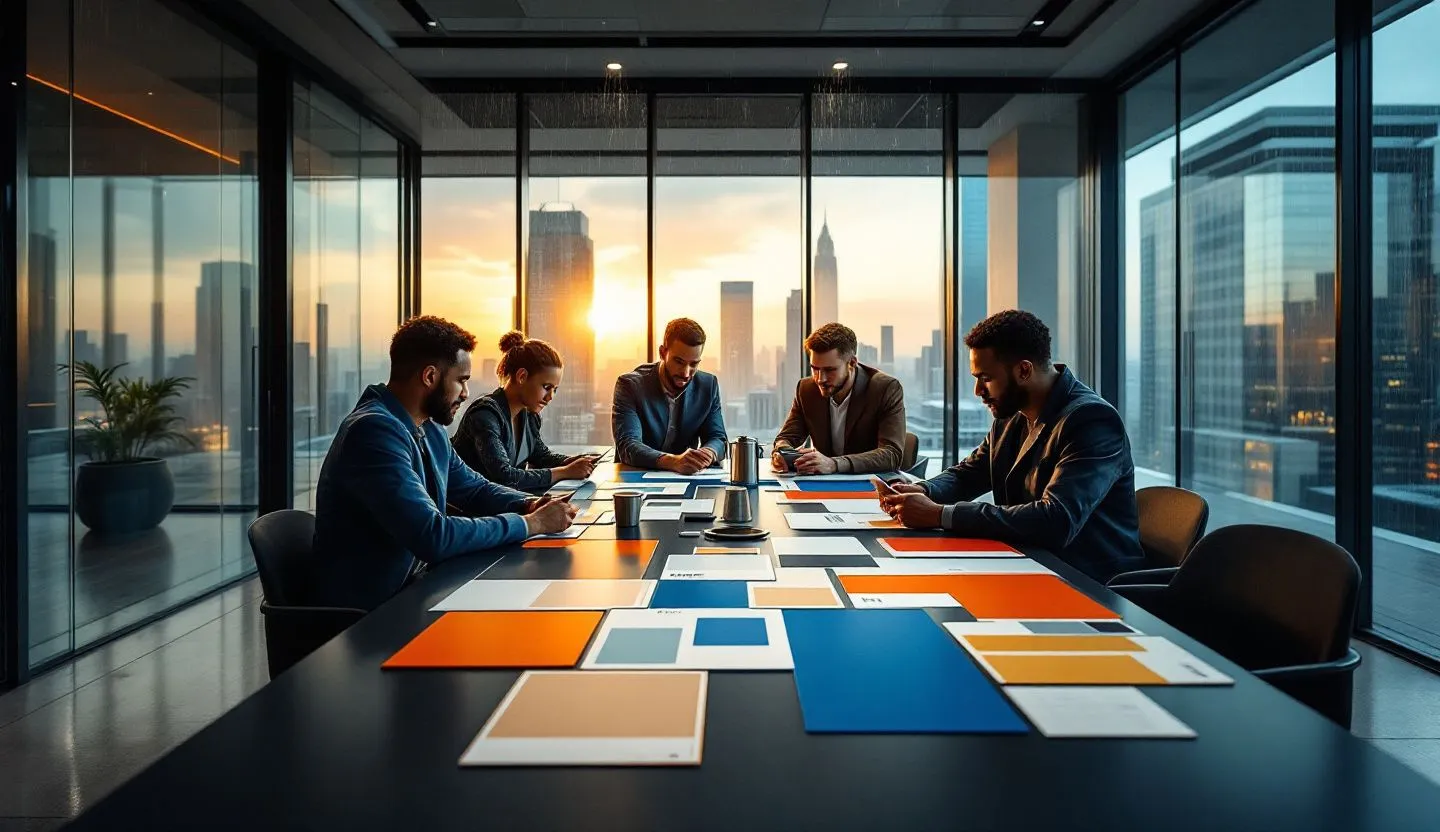 Wide or angled team perspective: team reviewing unified style tiles and color swatch boards in a glass-walled office. Editorial photography, cinematic lighting in a modern professional workspace. Do not show split screens, clutter, text, UI elements, logos, graphs, or charts. Avoid cartoonish effects.