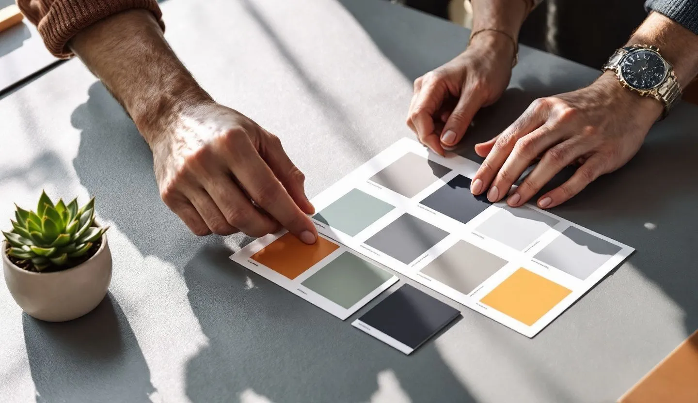 Close-up or macro detail: hands aligning printed layout cards and color chips with precise edges. Editorial photography, cinematic lighting in a modern professional workspace. Do not show split screens, clutter, text, UI elements, logos, graphs, or charts. Avoid cartoonish effects.